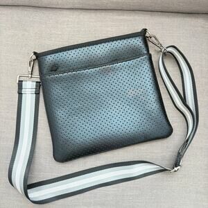 Ahdorned Black Large Pouch Crossbody With Black, White, Gray Woven Strap